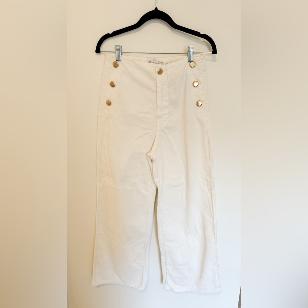 Zara Marine White Corduroy High Rise Wide Leg Cropped Pants Women’s Size 4